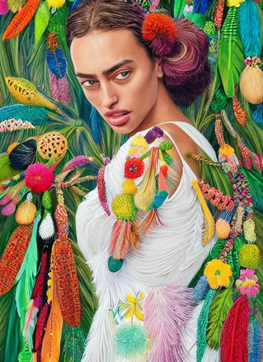 Image similar to beautiful portrait of Irina Shayk wearing fantastic Hand-dyed cotton dress,embellished beaded feather decorative fringe knots ,colorful pigtail,subtropical flowers and plants,symmetrical face,intricate,elegant,highly detailed,8k,digital painting,trending on pinterest,GUCCI,PRADA,harper's bazaar,concept art, sharp focus,golden ratio,illustration,by artgerm,Tom Bagshaw,Lawrence Alma-Tadema,greg rutkowski