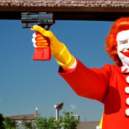 Image similar to Ronald Mcdonald pointing a gun at the camera