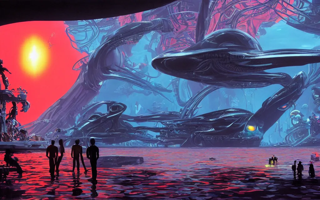 Prompt: close - up view of human silhouettes watching a giant dark sci - fi alien sea creature with big glowing eyes in a giant futuristic fish tank aquarium, pink and orange colors, highly detailed science fiction painting by syd mead, roger dean, and moebius. rich colors, high contrast, cosmic black background. unreal engine, artstation.