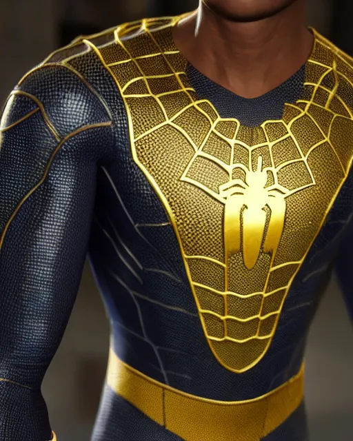 Image similar to photorealistic, hyperdetailed photograph of black spider - man suit with gold webbing by insomniac games