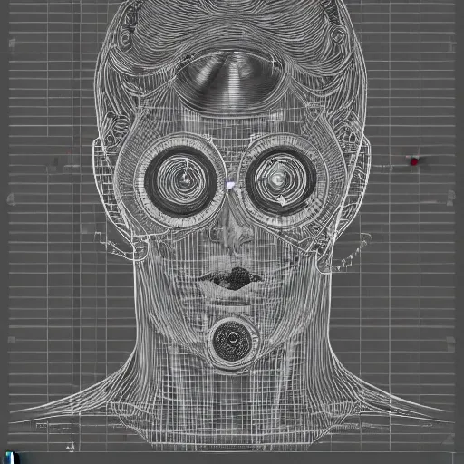 Prompt: schematic view of a steampunk human head, technical drawing, blueprint