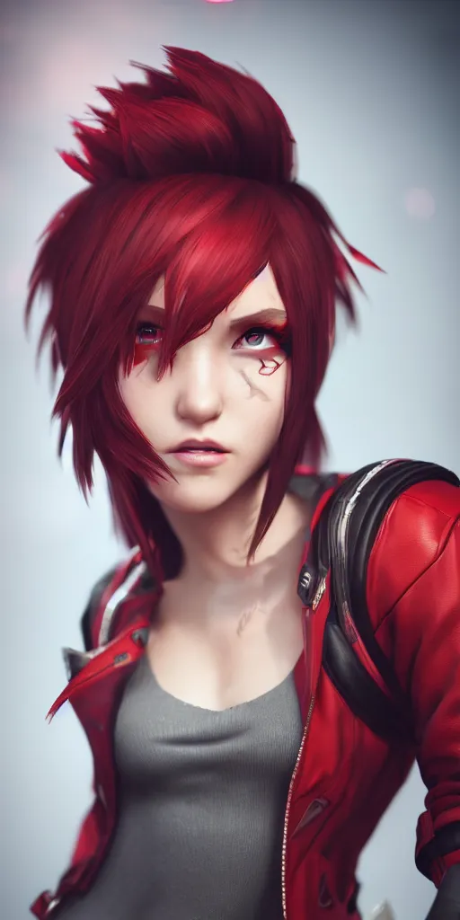 Image similar to a girl with short red hair, cool, vi from arcane, league of legends, fighter, cool red jacket, tattoo, beautiful, 3 d, potrait, art staion, studio light, closeup shot, octane render, wlop, realistic, neon