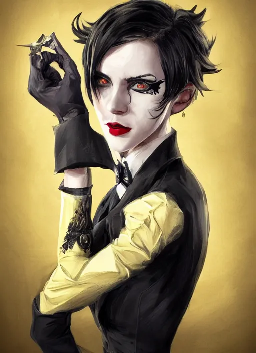 Image similar to a highly detailed illustration of beautiful short black messy haired woman wearing eyepatch and noir style suit and tie, yellow eyes, dramatic smiling pose, intricate, elegant, highly detailed, centered, digital painting, artstation, concept art, smooth, sharp focus, league of legends concept art, WLOP