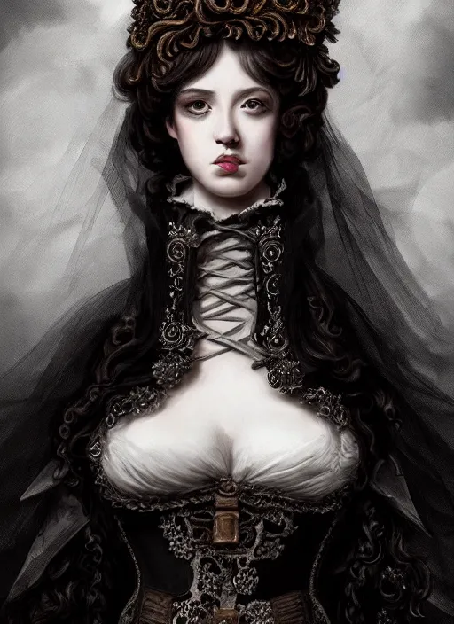 Image similar to historical baroque dress dark, alexander mcqueen, gothic bustier, portrait, voluminous, masterpiece, intricate, highly detailed, artstation, dreamy ghost, concept art