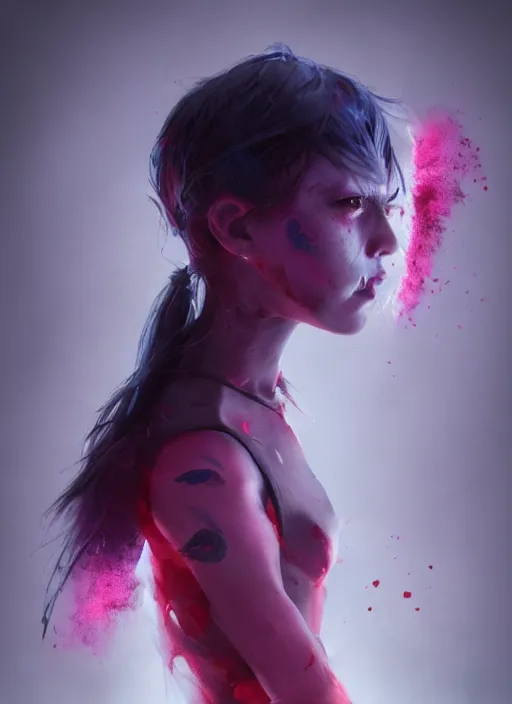 Prompt: profile of sinister girl with pouty aerochrome lips, fungal, unforgivable, cute bandaid on nose!!, expressive eyes, playful pose of a demon, greg rutkowski, charlie bowater, yuumei, stephen gammell, unreal 5, daz, hyperrealistic, octane render, rpg portrait, dynamic lighting, fantasy art, beautiful face