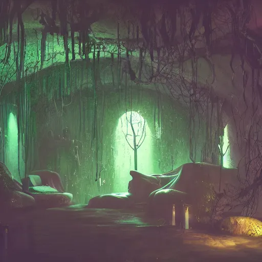 Prompt: haunted house in lush cave with glowing emeralds and vines hanging from the ceiling, sharp focus, cinematic light, cgsociety, desaturated, highly detailed