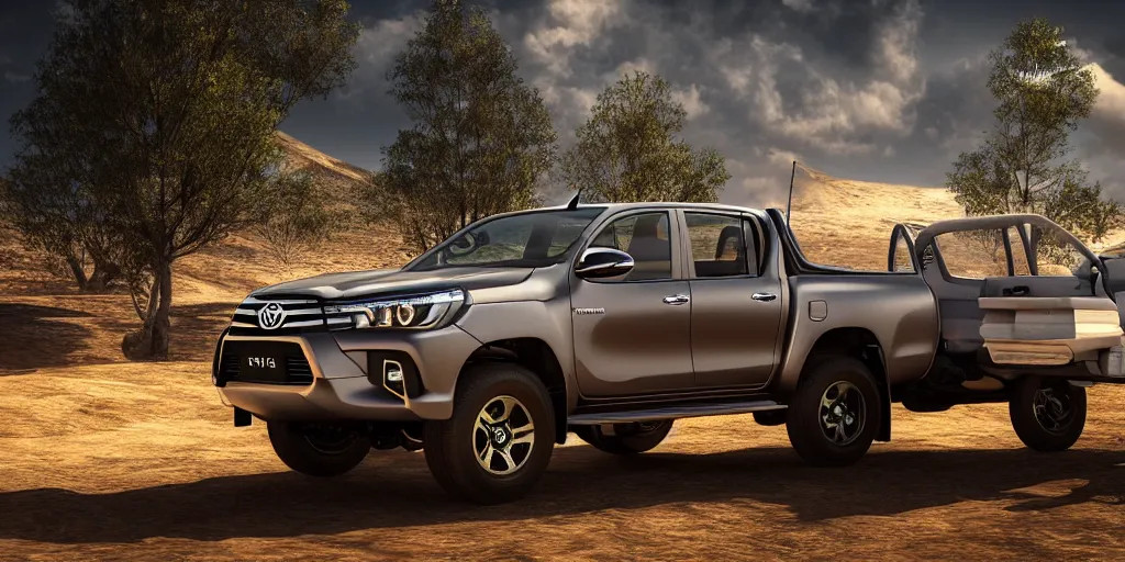 Image similar to toyota hilux, unreal 5, hyperrealistic, realistic, photorealistic, dynamic lighting, highly detailed, cinematic landscape, studio landscape, studio lighting