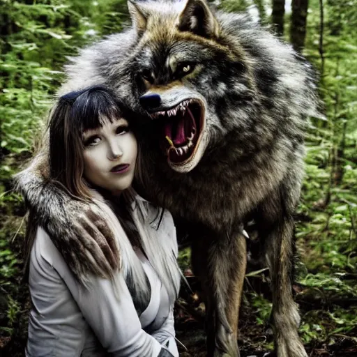 Prompt: ! werecreature consisting of a! human and wolf, photograph captured in a forest
