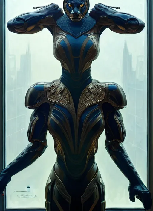 Prompt: seen through a window!! symmetry!! portrait of a panther, sci - fi armour! muscular, fantasy, intricate, elegant, highly detailed, digital painting, artstation, concept art, smooth, sharp focus, illustration, art by artgerm and greg rutkowski and alphonse mucha
