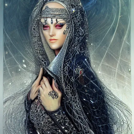 Image similar to a beautiful woman wearing a white niqab made of silver with jewelry and diamonds by alex gray and android jones, karol bak, ayami kojima, arabian, concept art, fantasy