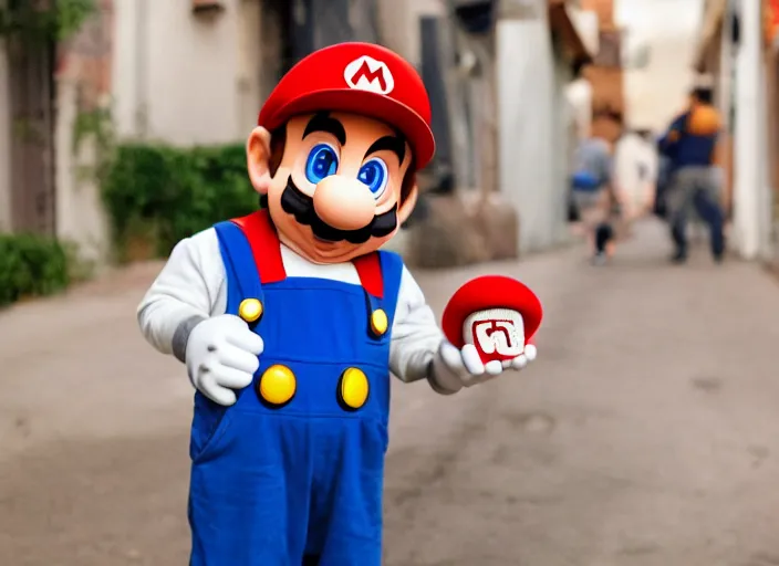 Image similar to super mario as a drug dealer selling a magical mushroom in the alleys of los angeles, super mario in real life, red hat, blue overalls, canon eos r 3, f / 1. 4, iso 2 0 0, 1 / 1 6 0 s, 8 k, raw, unedited, symmetrical balance, wide angle