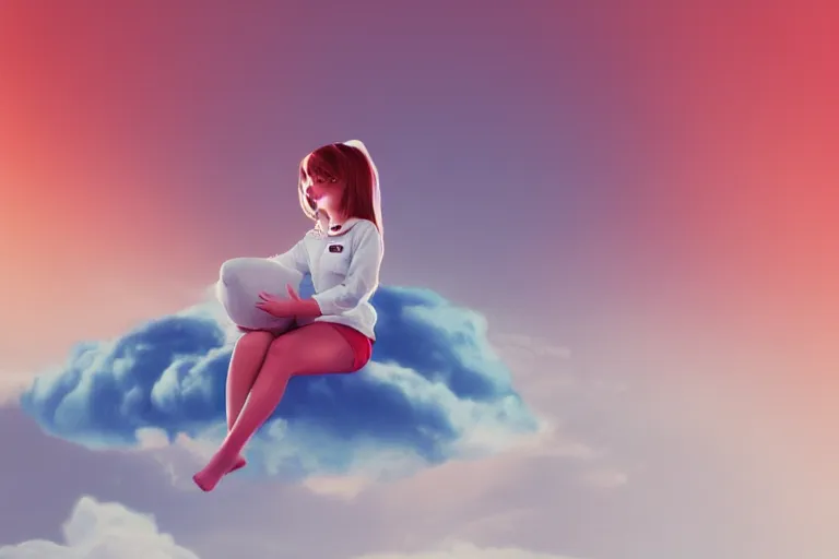 Image similar to a cute astronaut girl sitting on a cloud relaxing, misty, digital art, hazy, foggy, red lighting, ambient lighting, 8 k,