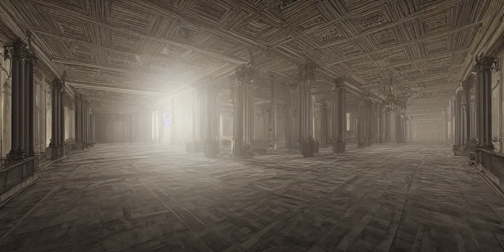 Prompt: empty temple high ceiling, victorian, soft light, ominous, photorealistic, detailed, 8k