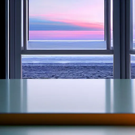 Image similar to perfume bottle on window sill in a pastel clean modern minimalist room with a view of the beach and sunset in an easter - blue room well contoured smooth fair walls, up close shot, sharp focus, zen, clean, modern minimalist, octane highly render, 4 k, ultra hd,