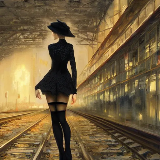 Prompt: woman in a black lace dress and thigh highs standing at a european train station, expressive oil painting, detailed digital art, by yoshitaka amano, by greg rutkowski, by dan mumford, highly detailed lineart, evening, volumetrics