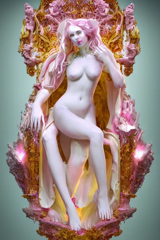 Image similar to photo of fullbody rococo and cyberpunk delicate neon crystalline sculpture of beautiful curvy onyx albino marble goddess as mint iridescent humanoid deity wearing pink plastic hooded cloak holding an onyx skull in a onyx space dungeon, reclining, glowing yellow face, crown of white diamonds, cinematic lighting, photorealistic, octane render 8 k depth of field 3 d