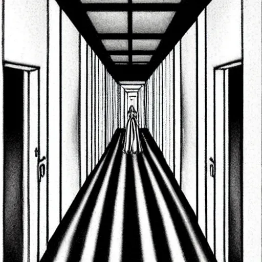 Image similar to “A creepy bright white hallway with many doors by Junji Ito, detailed background”