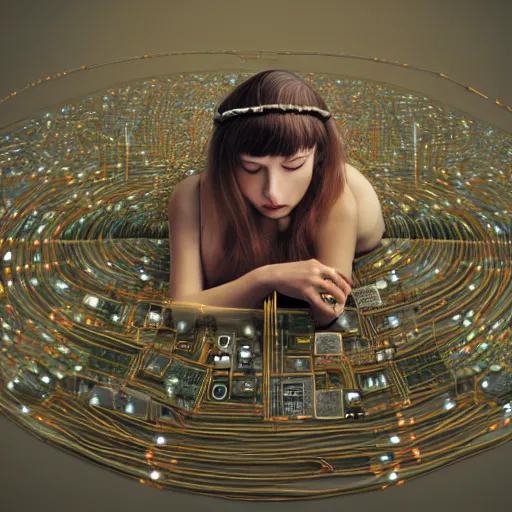 Image similar to tapping in to something greater, serene power, piles of modular synth cables, goddess laying down wearing a headpiece made of circuit boards, by cameron gray, wlop, stanley kubrick, masamune, hideki anno, unique perspective, trending on artstation, 3 d render, vivid