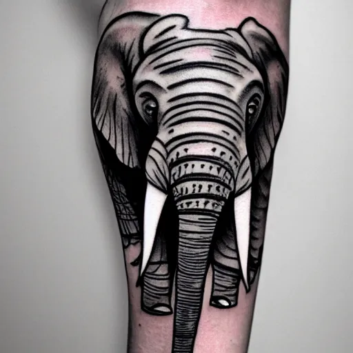 Image similar to tattoo of an elephant made out of spoons, black, blue gray, pink, and white ink, detailed, hyperrealistic trending on artstation