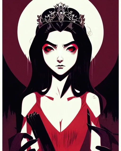 Image similar to beautiful teen vampire princess with tiara, symmetrical face, evil, portrait, cinematic, dramatic, powerful, super detailed and intricate, by koson ohara, by darwyn cooke, by greg rutkowski, by satoshi kon