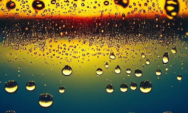 Image similar to beautiful picture of big upside-down raindrops floating quietly in a sunny blue sky, hot and sunny, highly-detailed, elegant, golden hour, dramatic lighting, artstation, 4k, cinematic landscape, photograph by National Geographic