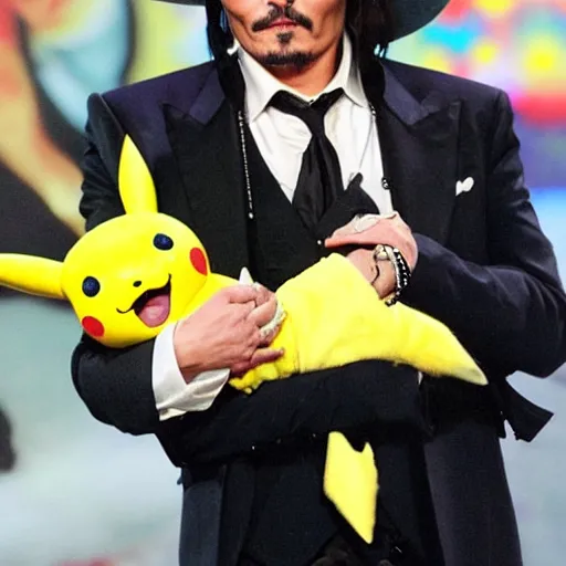 Image similar to johnny depp holding a baby pikachu