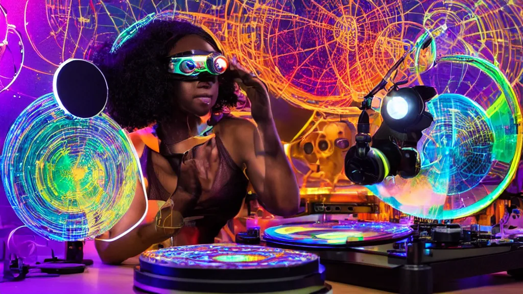 Prompt: a black woman wearing goggles and visor and headphones using an intricate clockwork record player turntable contraption, robot arms, computer screens, turntablism dj scratching, intricate planetary gears, cinematic, sharp focus, led light strips, bokeh, iridescent, black light, fog machine, hazy, lasers, spotlights, light trails, hyper color photograph