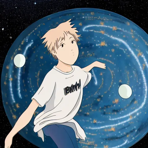 Image similar to Spirited away dark blonde guy with blue eyes in space