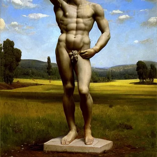 Image similar to statue of david stands in the middle of a field, David (Michelangelo), Rye (Shishkin), painting by Ivan Shishkin, painting by Valentin Serov, oil painting, hyperrealism, beautiful, high resolution