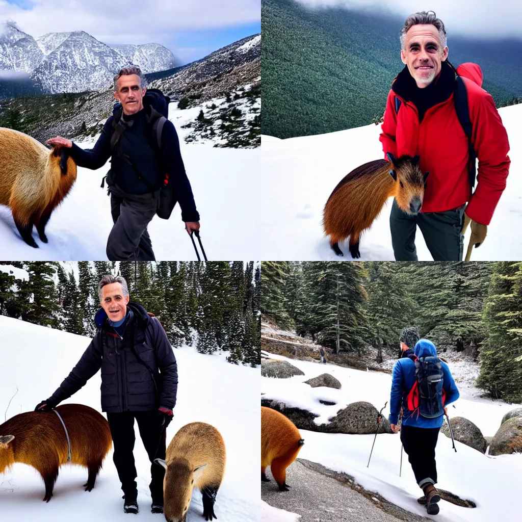 Prompt: Jordan Peterson hiking up a snowy mountain with a capybara