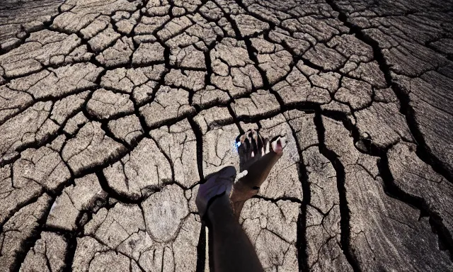 Image similar to close-up of a crying ancient dried up Danu, peaceful, facing the camera and standing in front of a dried up river in a desolate land, dead trees, blue sky, hot and sunny, highly-detailed, elegant, dramatic lighting, artstation, 4k, cinematic landscape, photograph by Elisabeth Gadd