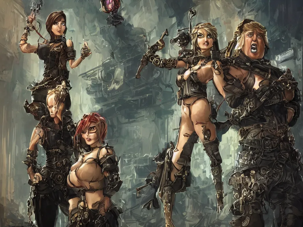 Image similar to Alex Jones standing beside donald trump in a prison jail cell, craig mullins, octane hoto of a female steampunk warrior A cute spaghetti-girl thief protagonist with leather-strap-armor and ninja weapons is exploring the tenth reality. A highly detailed fantasy character in the style of Tim Bu