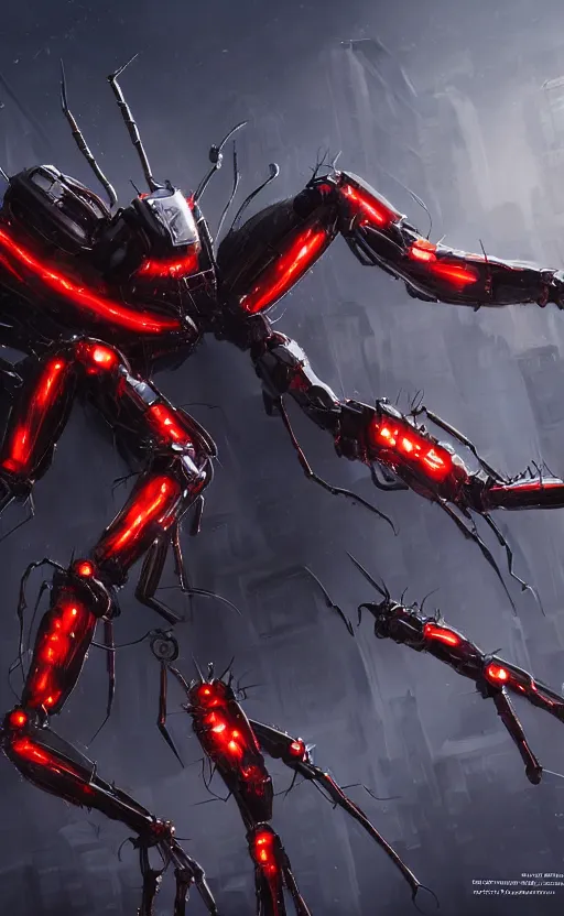 Image similar to a robot humanoid spider in a city, with 4 arms with claws, glowing red eyes, in a black carbon and red fiber armor, smiling creepily, dynamic lighting, photorealistic fantasy concept art, trending on art station, stunning visuals, creative, cinematic, ultra detailed