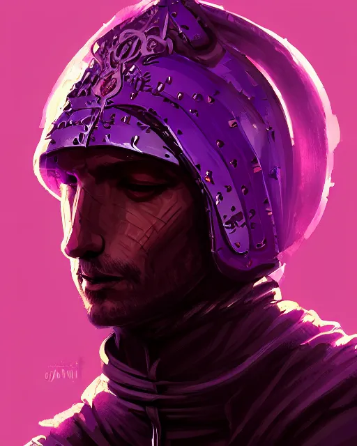 Image similar to a portrait of a medieval king, cyberpunk, purple color scheme, grim - lighting, high - contrast, intricate, elegant, highly detailed, digital painting, artstation, concept art, smooth, sharp focus, illustration