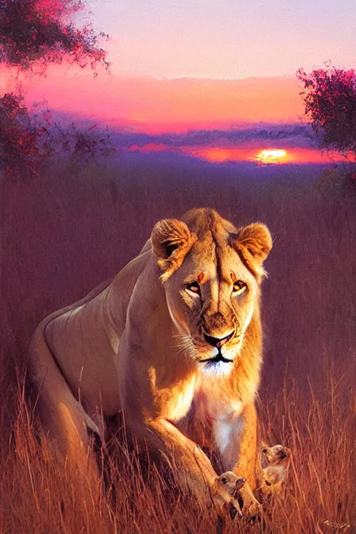 Prompt: spiritual twin flame lioness art pink sunset hue highly detailed oil painting hue by craig mullins