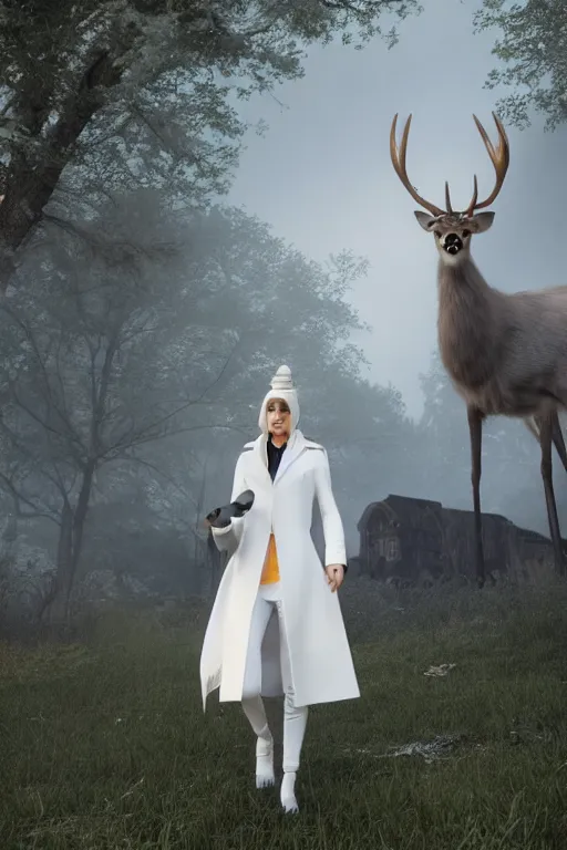 Image similar to an anthro deer wearing a white formal coat, talking to a crow, hyperrealistic, concept art, octane render, unreal engine 5, trending on DeviantArt, highly detailed, high quality, 8K, soft lighting, cute, natural lighting, realistic face, trending on Artstation, elegant clothes, profile picture, path traced, house background