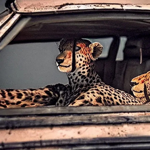 Prompt: a film still from the movie mad max fury road of the anthropomorphic cheetah raiders driving around in the post apocalyptic wasteland