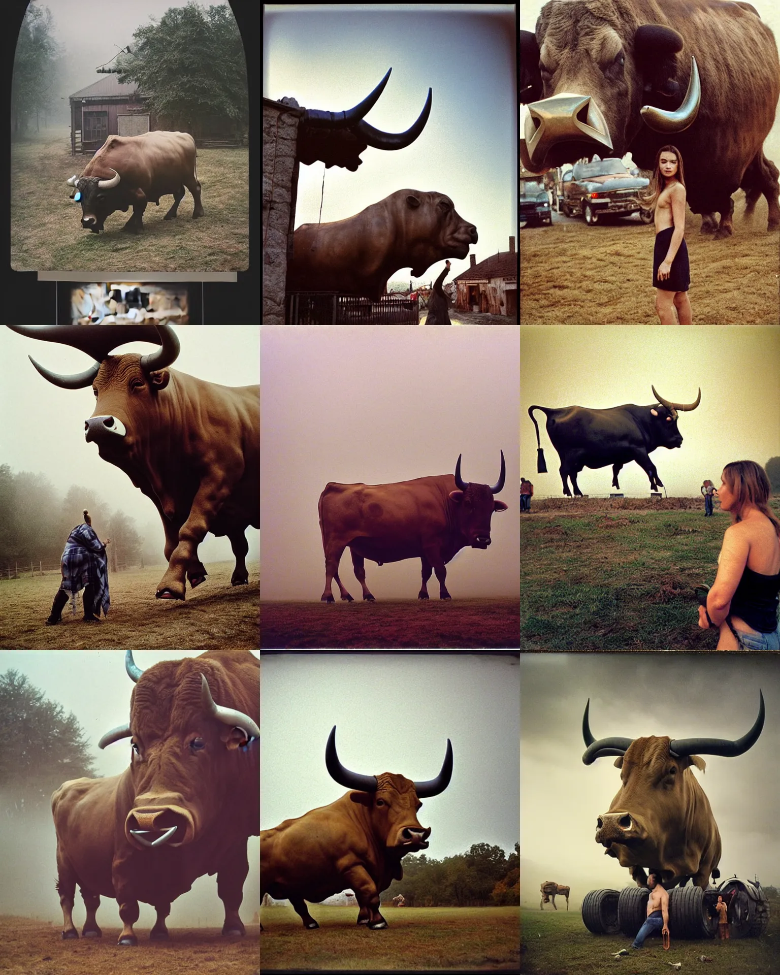 Prompt: bull!!!! giant oversized bull animal chubby bulky muscular mech as giant oversized bull with oversized horns on a village, Cinematic focus, Polaroid photo, vintage, neutral colors, soft lights, foggy, by Steve Hanks, by Serov Valentin, by lisa yuskavage, by Andrei Tarkovsky