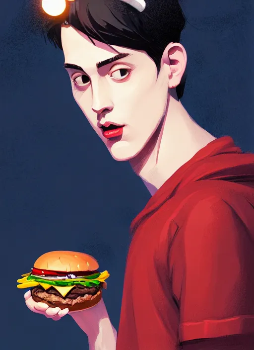 Image similar to portrait of jughead jones, eating a hamburger, wearing a crown, eyes closed, intricate, elegant, glowing lights, highly detailed, digital painting, artstation, concept art, smooth, sharp focus, illustration, art by wlop, mars ravelo and greg rutkowski