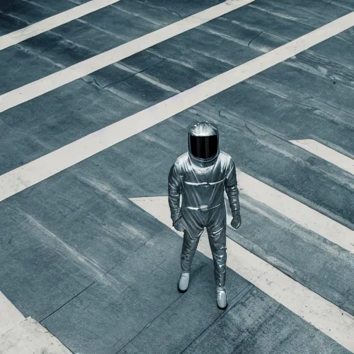 Image similar to mysterious man in silver space suit, walking on an industrial catwalk with stairs that lead nowhere, floating in deep space, 4 k photograph, isometric view