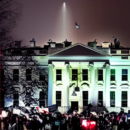 Image similar to 4 k hdr polaroid meteroid shower falling over the white house with an angry mob of protestors filling the streets at night time during a blackout with torch lit streets