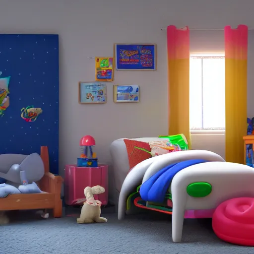 Prompt: eye - level view, in a child's bedroom filled with toys, a super cute gsd runs around in circles on an unmade bed with a toy story comforter, hilarious, funny, back to school comedy, cg animation, 3 d octane render, imax 7 0 mm,
