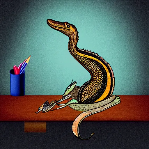 Prompt: curious indian gharial studying at desk, artstation, colorful