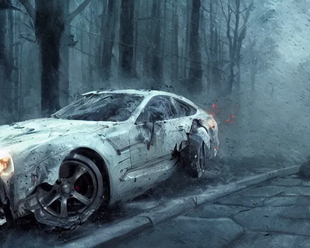 Prompt: a white fast car crash, horror scene, dramatic, anime art, Greg Rutkowski, studio ghibli, dramatic lighting