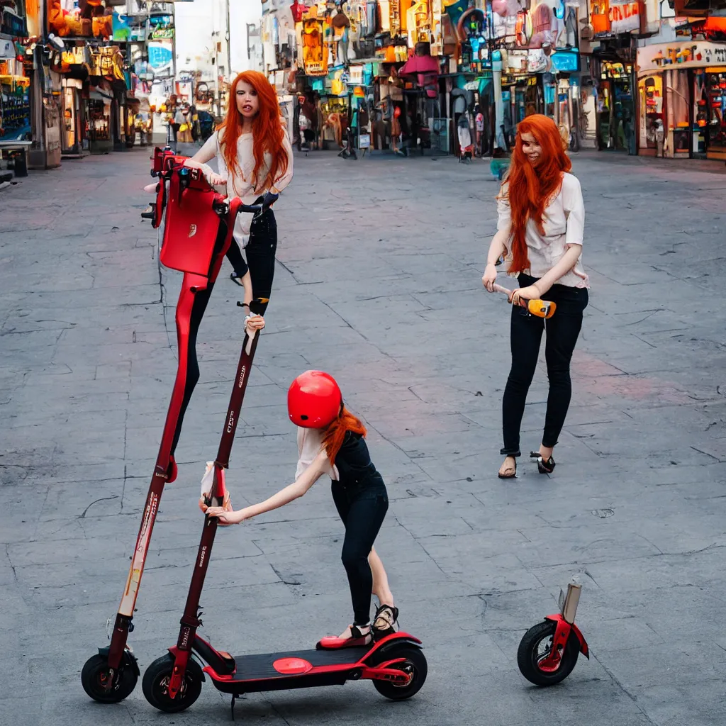 Prompt: redhead woman bellow electric scooter on neon street