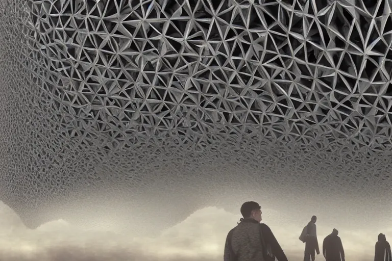 Prompt: tourists visiting a complex organic fractal 3 d ceramic megastructure, cinematic shot, foggy, photo still from movie by denis villeneuve