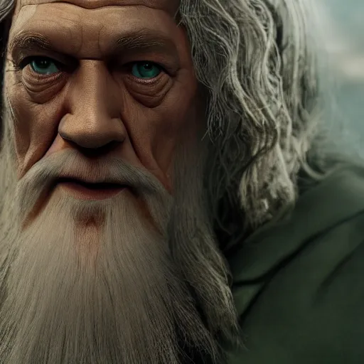 Image similar to film still of gandalf starring as the hulk, high detail shot, smoking, render, cgsociety, photorealism