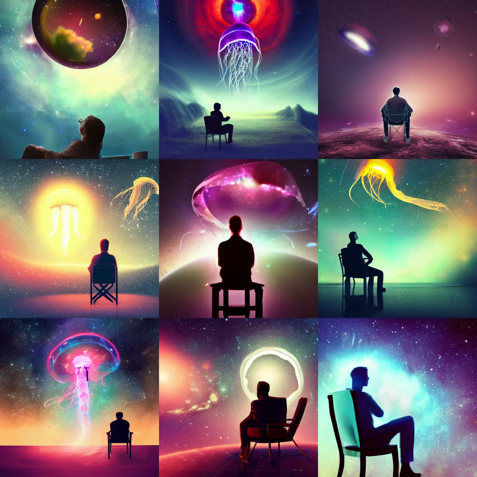 Prompt: over the shoulder photo of a man sitting on a chair while watching a magical glowing jellyfish in cosmic stardust, stars, galaxies, space, award winning photo, intricate, high detail, atmospheric, desolate, artstation