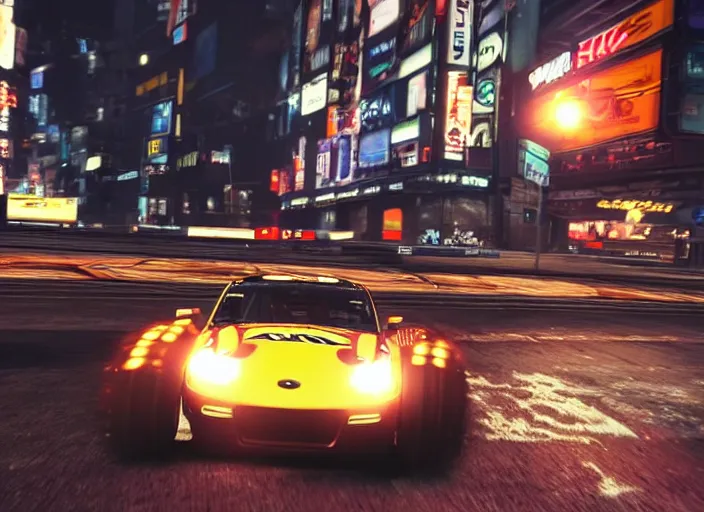 Prompt: a racing tractor drifting around the corner in a game of Need For Speed:Underground. moody cinematic lighting, night, Shibuya Crossing