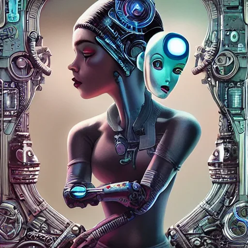 Image similar to Lofi portrait with cyborg, Pixar style by Joe Fenton and Stanley Artgerm and Tom Bagshaw and Tim Burton